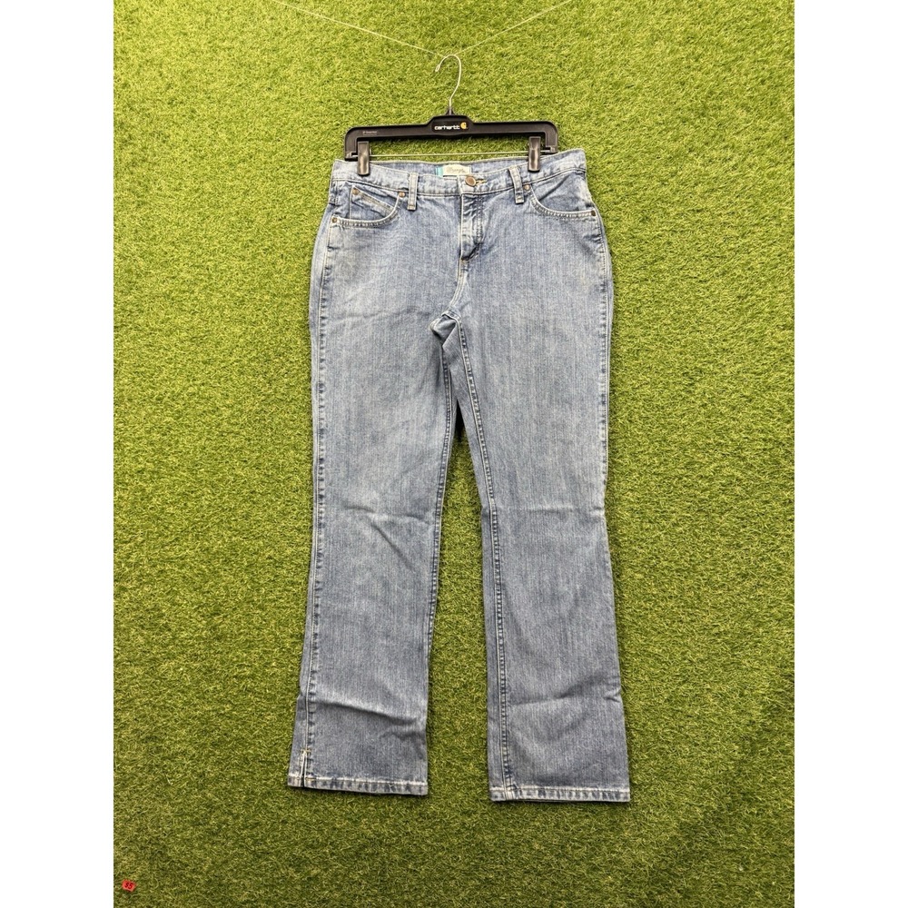 Wrangler Cash Jeans Womens 9/10 x32 Bootcut Blue Denim No-Gap Slit Hem Work